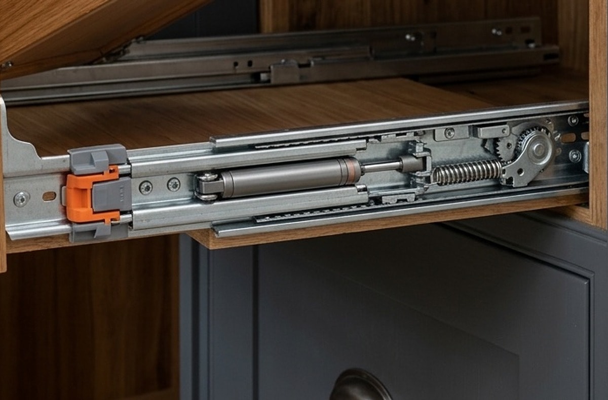 BLUM frenli rayın damper silindiri, yayı, dişlisi ve turuncu klipsi