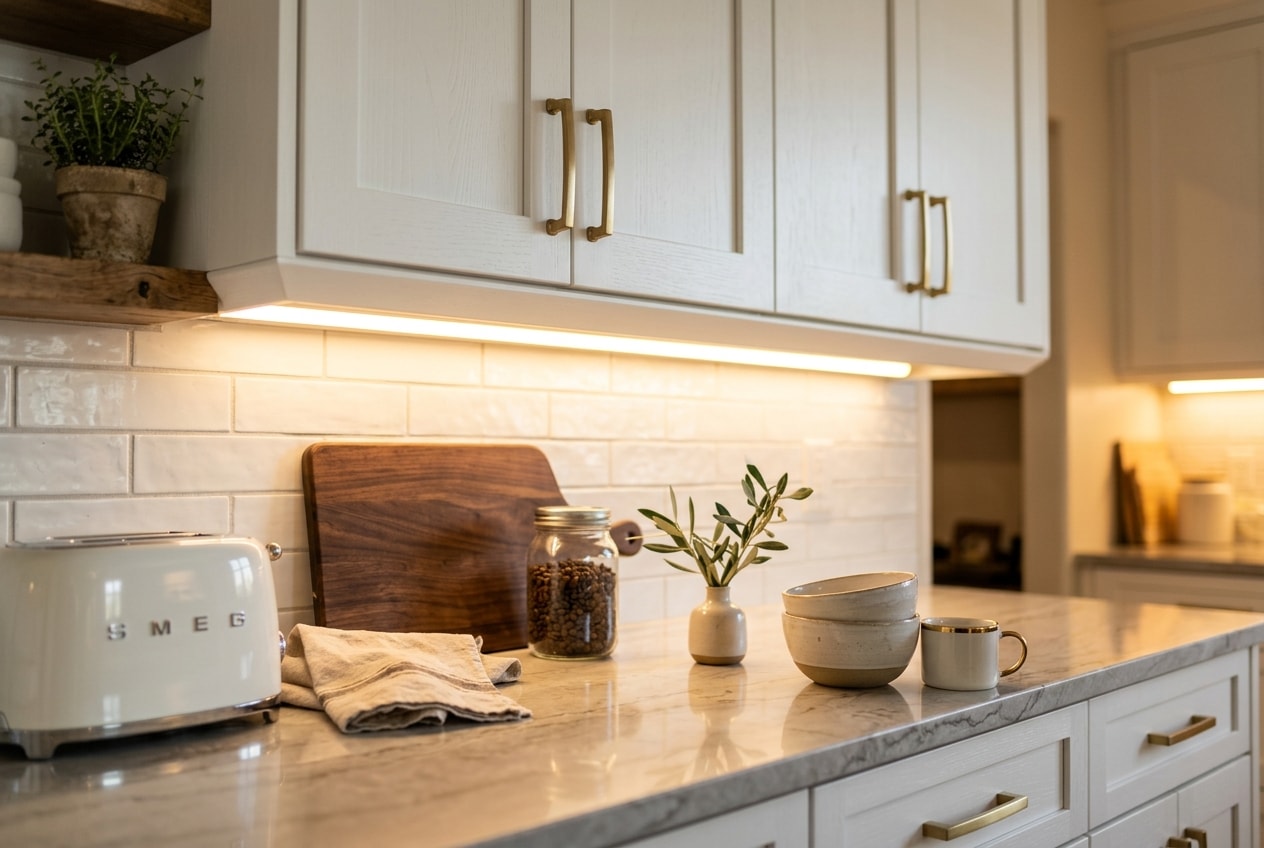 Dolap altı LED şeridinin aydınlattığı mutfak tezgâhı